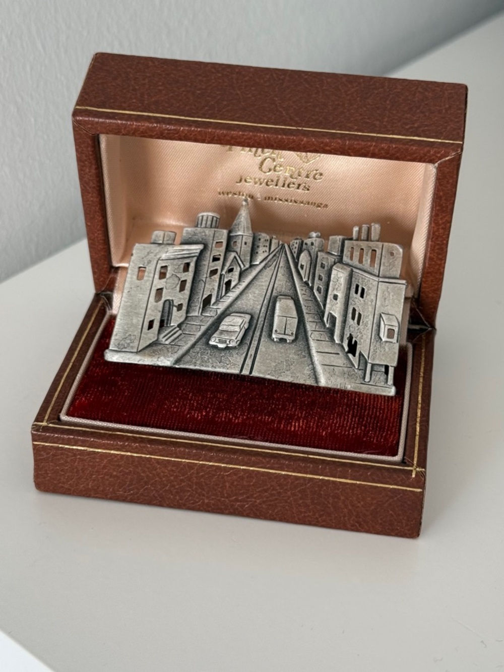 Vintage JJ Pewter Cityscape Brooch Pin